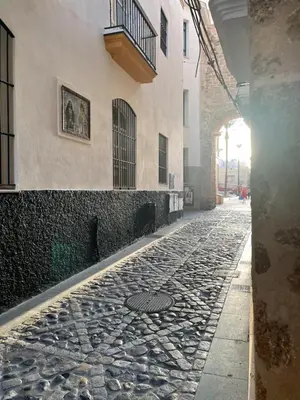 a cobblestone street in front of a building at Redo Home in Cádiz