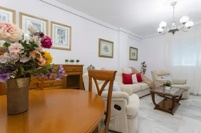 a living room with a table with a vase of flowers at Avenida Playa 3 Rooms 2 baños in Cádiz