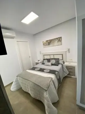 a bedroom with a large bed in a white room at Loft Deluxe Raquel in Conil de la Frontera