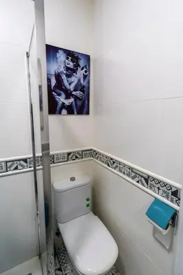 a bathroom with a toilet and a picture on the wall at SH Lupe Caleta Beach. A 100 m de playa in Cádiz