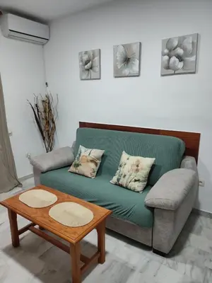 a living room with a green couch and a coffee table at Apartamento turístico la jara in Sanlúcar de Barrameda