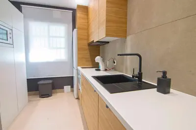a kitchen with a sink and a counter top at El Patio del Sol, Apartamentos Living Sur in Sanlúcar de Barrameda