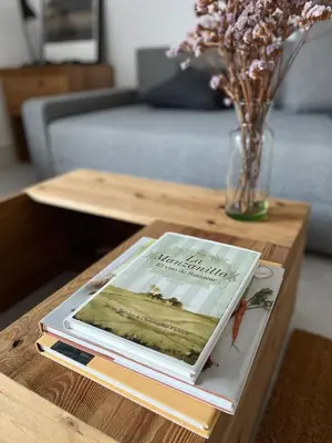 a stack of books sitting on a coffee table at Loft EL DUQUE in Sanlúcar de Barrameda