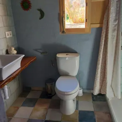 a bathroom with a white toilet and a sink at Vivienda Rural La choza in Jerez de la Frontera