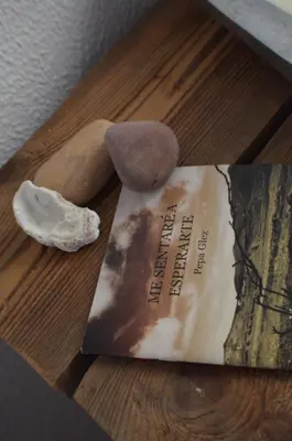 a book sitting on a wooden table with rocks and a book at La Estrella - piscina privada in Chiclana de la Frontera