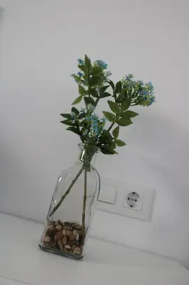 a glass vase with blue flowers and rocks in it at Naveros Bajo in Los Naveros
