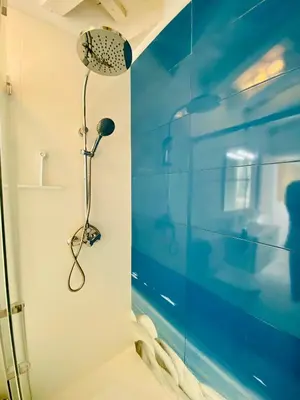 a shower in a bathroom with a blue wall at Luz, aire y mar Grupo AC Gestion in Cádiz