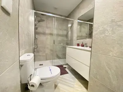 a bathroom with a shower and a toilet and a sink at Apartamento en calle Ancha, en pleno centro in Sanlúcar de Barrameda