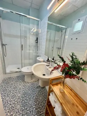 a bathroom with a sink and a toilet and a shower at GATU Ringo in El Puerto de Santa María
