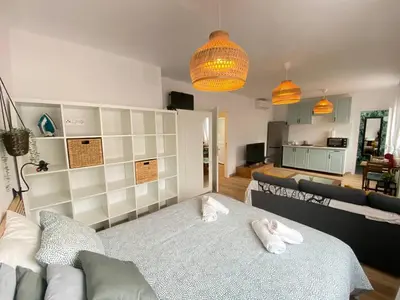 a living room with a bed and a couch at Apartamento Trascuesta, PLENO CENTRO in Sanlúcar de Barrameda