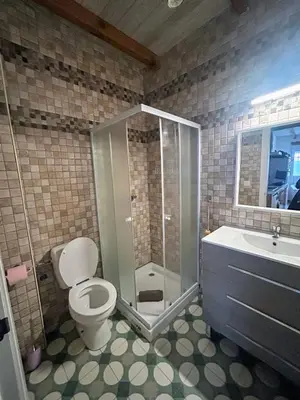 a bathroom with a toilet and a shower and a sink at CASITA CÉNTRICA Corro de Bolos in Sanlúcar de Barrameda