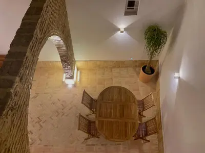 a table and chairs in a room with a potted plant at Plateros 48 Apartamento in Sanlúcar de Barrameda