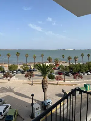 a view of a parking lot with a palm tree at Piso playa Maktub in Puerto Real