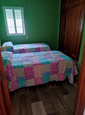 a bed in a green bedroom with a comforter at Casa Hormaza in Chiclana de la Frontera