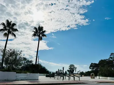 two palm trees and a blue sky with clouds at La Casita del Mar in El Puerto de Santa María