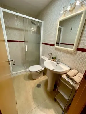 a bathroom with a toilet and a sink and a shower at GATU PREMIUM Marismas, terraza, parking, piscina común y aire acc , 