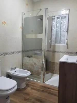 a bathroom with a shower and a toilet and a sink at Chalet Brisas del Mar in Chiclana de la Frontera