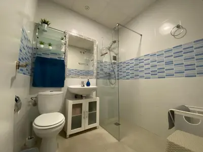 a bathroom with a toilet and a sink and a shower at Alojamiento Cazón, Jerez Centro in Jerez de la Frontera
