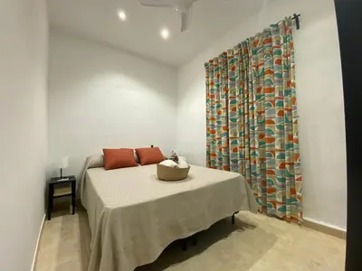 a bedroom with a bed and a shower curtain at Alojamiento Cazón, Jerez Centro in Jerez de la Frontera