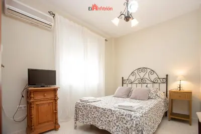 a bedroom with a bed and a tv and a window at El Anfitrión - Dúplex Doña Ana in Sanlúcar de Barrameda