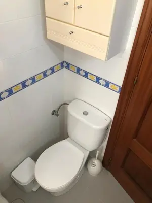 a bathroom with a white toilet and a cabinet at ACOGEDOR APARTAMENTO EN SANLUCAR DE BARRAMEDA in Sanlúcar de Barrameda