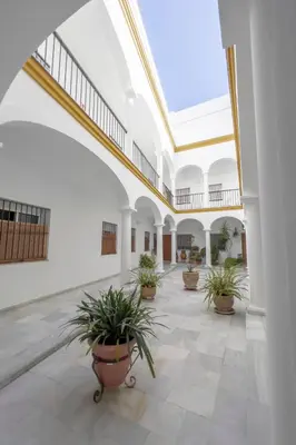 an empty hallway with potted plants in a building at LOFT SÚPER LUMINOSO EN EL CENTRO DEL PUERTO DE SANTA MARÍA. in El Puerto de Santa María