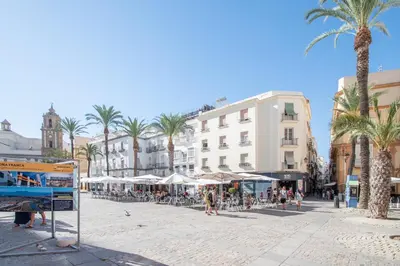 a street with palm trees and tables and umbrellas at Apartamento La Magnolia de Cádiz in Cádiz