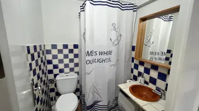 a bathroom with a toilet and a shower curtain at Acogedor estudio junto playa, El Manantial in El Puerto de Santa María