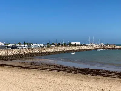 a beach with a group of boats in the water at Apartamentos Atlantida in Chipiona