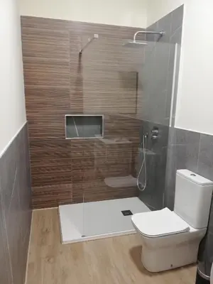 a bathroom with a toilet and a glass shower at CASA PALACIO CABALLEROS 7 con Parking in Sanlúcar de Barrameda