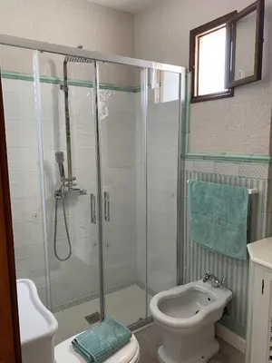 a bathroom with a shower and a toilet and a sink at Ático San Juan in Sanlúcar de Barrameda