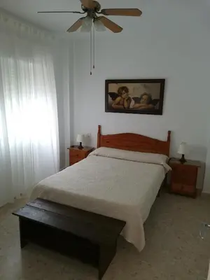 a bedroom with a bed and a ceiling fan at Apartamento Wifi, Garaje Centro y playa in Chipiona
