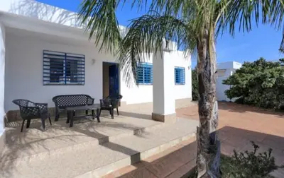 a patio with a table and chairs and a palm tree at Casa Juani in Conil de la Frontera