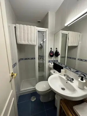 a bathroom with a toilet and a sink and a shower at BASTINAZO ALOHADREAM - PREMIUM - La mejor ubicación con Aire Acondicionado, Insonorización, Terraza y Equipamiento en El Puerto de Santa María - Grupo de solo menores de 25 no aceptados salvo fianza adicional in El Puerto de Santa María