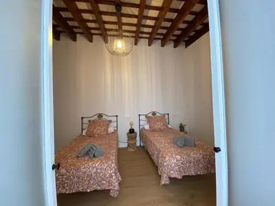 a bedroom with two beds and a chandelier at Azvalia - Puro Puerto Casco Histórico in El Puerto de Santa María