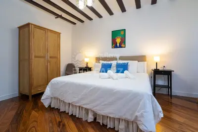 a bedroom with a large white bed with blue pillows at Apartamento San Agustín Feel Cádiz in Cádiz