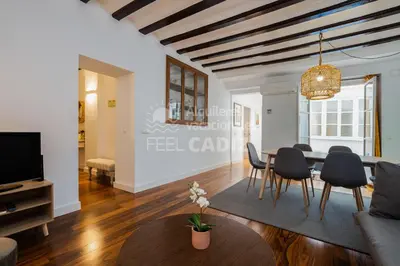a living room with a table and chairs and a tv at Apartamento San Agustín Feel Cádiz in Cádiz
