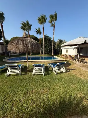a group of lounge chairs and a swimming pool at Chalet en La Barrosa, Piscina+BBQ+Grifo de Cerveza in Chiclana de la Frontera