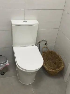 a white toilet in a bathroom with a basket at LA VENDIMIA in Jerez de la Frontera