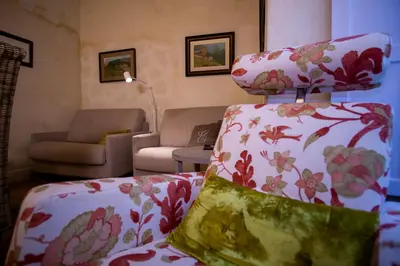 a living room with a couch with floral pillows at LalaSuites SHARIS in Jerez de la Frontera