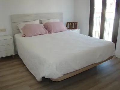 a bed with two pink pillows on it in a bedroom at Apartamento Luz de Sanlúcar in Sanlúcar de Barrameda