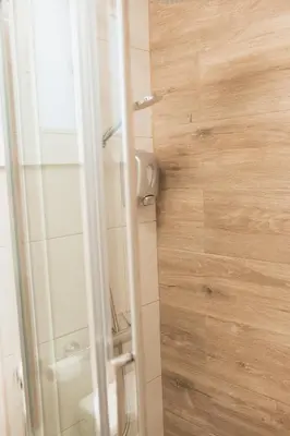 a bathroom with a shower with a wooden wall at Apartamento 