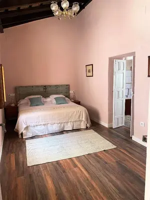 a bedroom with a bed and a chandelier at Patios del Agua in El Puerto de Santa María