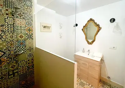 a bathroom with a shower and a sink and a mirror at Eva Recommends Francos in Jerez de la Frontera