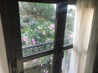 an open window looking out at a garden with pink flowers at Conil, Colorado 2 rustico y económico in Conil de la Frontera