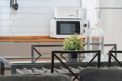 a glass table with a plant on top of a microwave at Apartamento Puerto Sherry in El Puerto de Santa María
