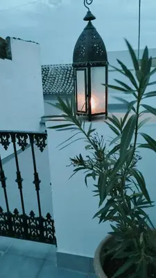 a lamp on a balcony with a plant at Ático Plaza 9 by casitasconencantoes in Medina Sidonia