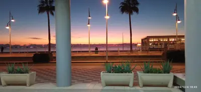 a view of a beach at sunset with palm trees and lights at Valdelagrana vista al mar Puerto de Santa María in El Puerto de Santa María