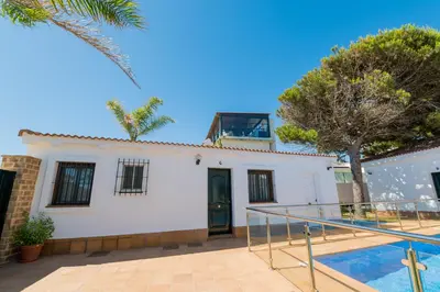 a white house with a palm tree in front of it at Novobarrosa Apartamentos Turísticos in Chiclana de la Frontera