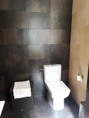 a bathroom with a toilet and a tiled wall at La Casita del Arte in Cádiz
